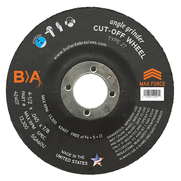 Bullard Abrasives Type 27 Cut Off Wheel, Metal, Stainless, 10200 Rpm 24609